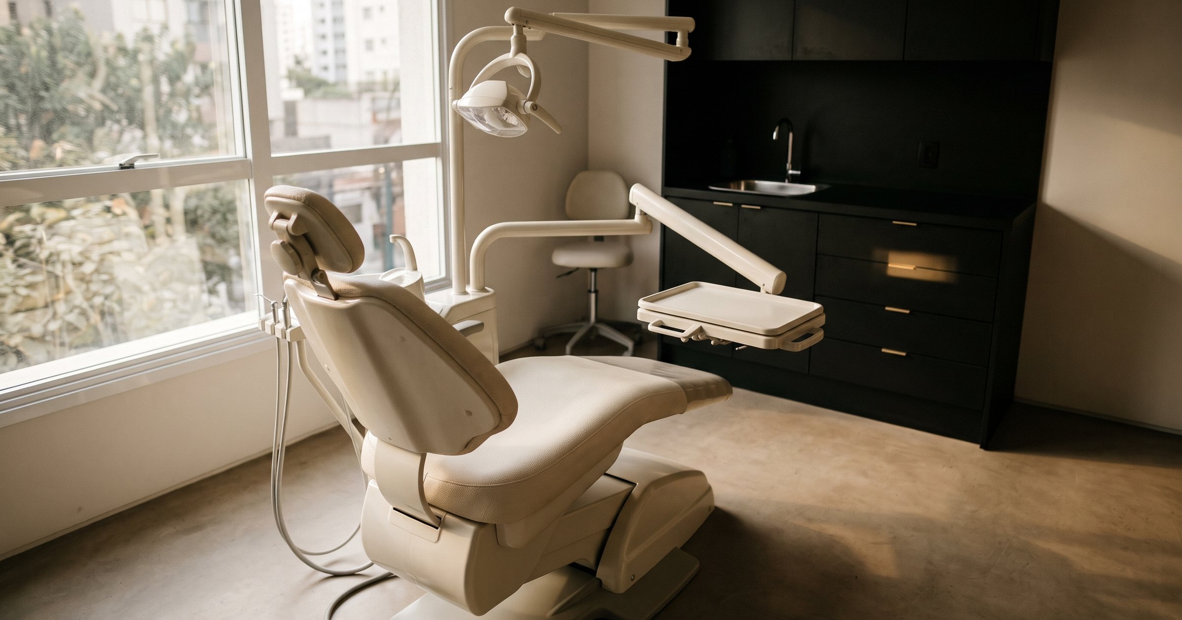 Consultório odontológico vazio com cadeira, refletor e armário preto, à luz do fim da tarde